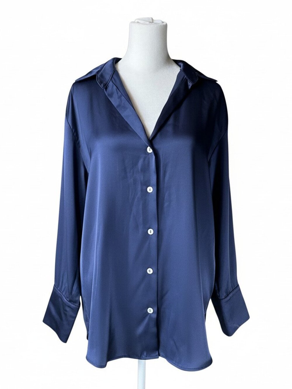 NWT ZARA Navy Blue Button Down Blouse Size Small